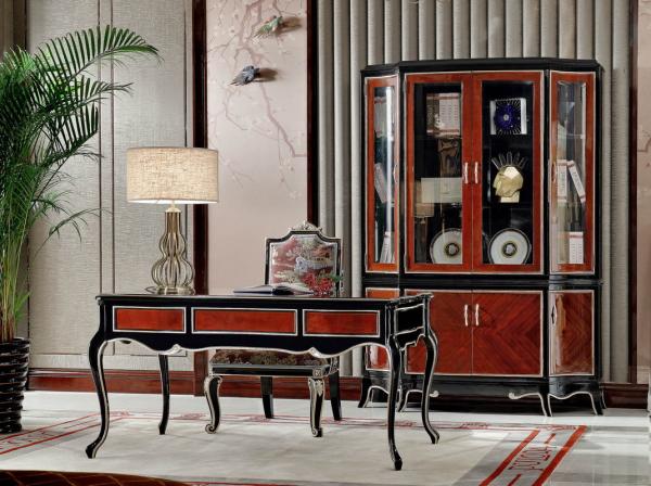 Luxury Home office Furniture set Ebony wood Bookcase cabients and Reading desk in glossy painting with Writing chairs
