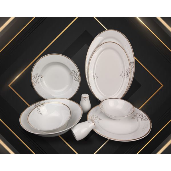 35pcs superwhite porcelain dinning set  with blue embossed flower and gold patterm