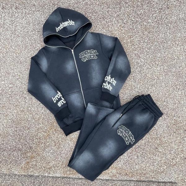 Etiquetas Unisex Homens Hoodies Set Custom Full zip up Hoodie Traje Acid Wash Sweatsuit
