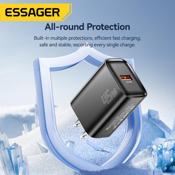 45W QC3.0 5V 3A ESSAGER ES-CD60 Super Fast Charging USB Wall Charger for Travel and Phone Flash