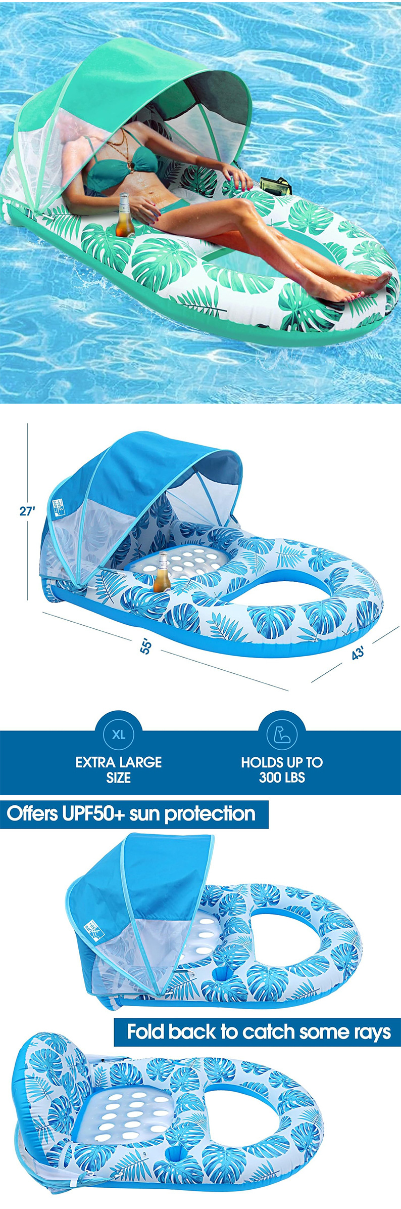 PVC Inflatable Sunshade Floating Bed Canopy Pool Lounge Chair Detachable Floating Raft Backrest Hollow-Design for Beach Water