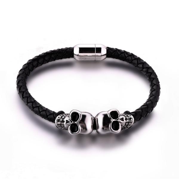 Fashion jewelry custom engraved leather bracelet stainless steel magnetic clasps leather men skull bracelet