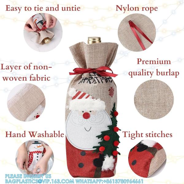 Christmas Wine Bags, Wine Bottles Gifts, Burlap Wine Drawstring Bags Holiday Burlap Wine Bags, Bottle Cover