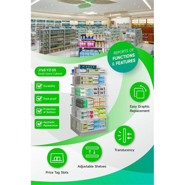 JYaS-YZ-03 Cabinet de área de exhibición de medicamentos ecológicos con tablero blanco sobre-engrasado y ranura de etiqueta de precio de aluminio