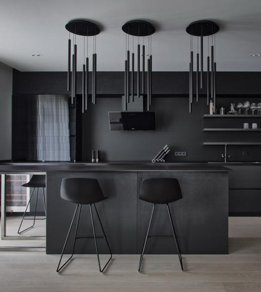 Young Man Style Black Color Kitchen Cabinets Built In Handle Quartz Stone Countertop
