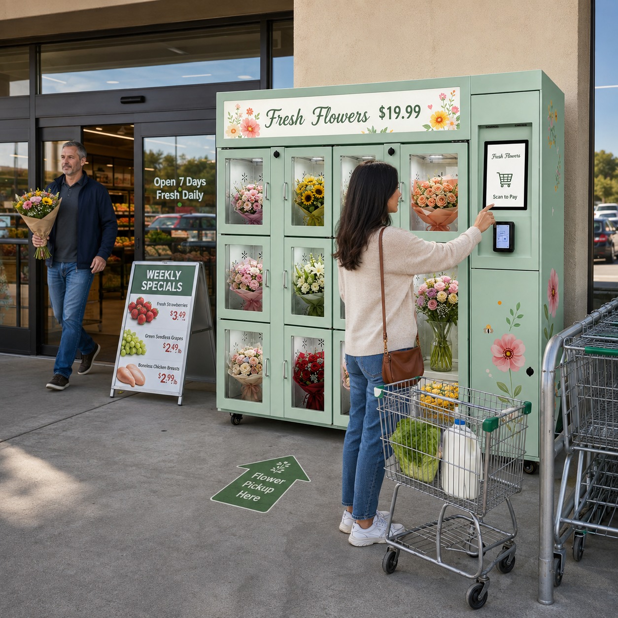Refrigerated Fresh Flower Vending Machine with 15.6-inch Touchscreen and Remote Monitoring for Supermarkets