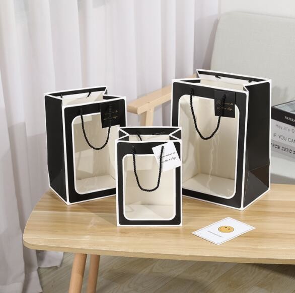 ISO9001 230gsm Cardboard Gift Bags With Clear Window Rectangle Shape
