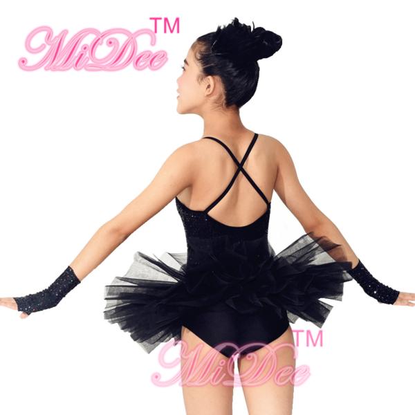 Swan Feather Neckline Ballet Dance Costumes , Black Childrens Ballerina Outfits