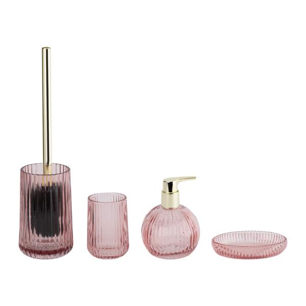 Conjunto de vidro rosa para banheiro com forma de abóbora, faixa vertical, distribuidor de loção de vidro, garrafa, acessórios de balcão para banheiro