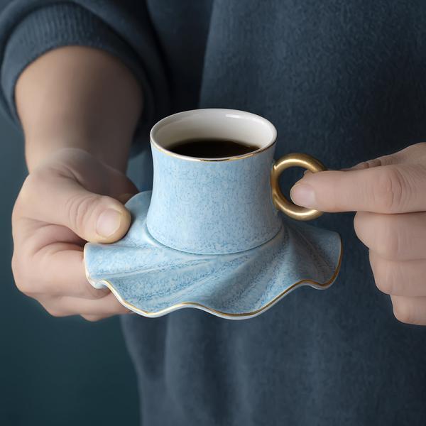 Unique Espresso Cup and Saucer Set Matt Gold Rim Painted Handle Arabic
