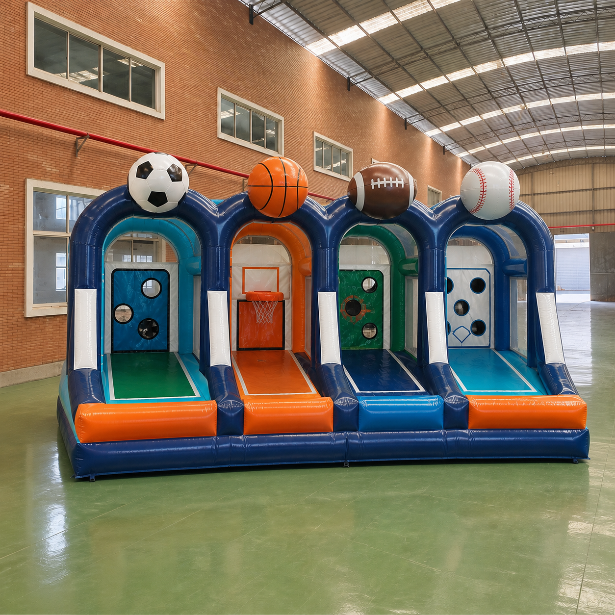 Commercial 4-in-1 Inflatable Multi-Sport Challenge Arena with Soccer Basketball Football and Baseball Target Stations for Events and Rentals