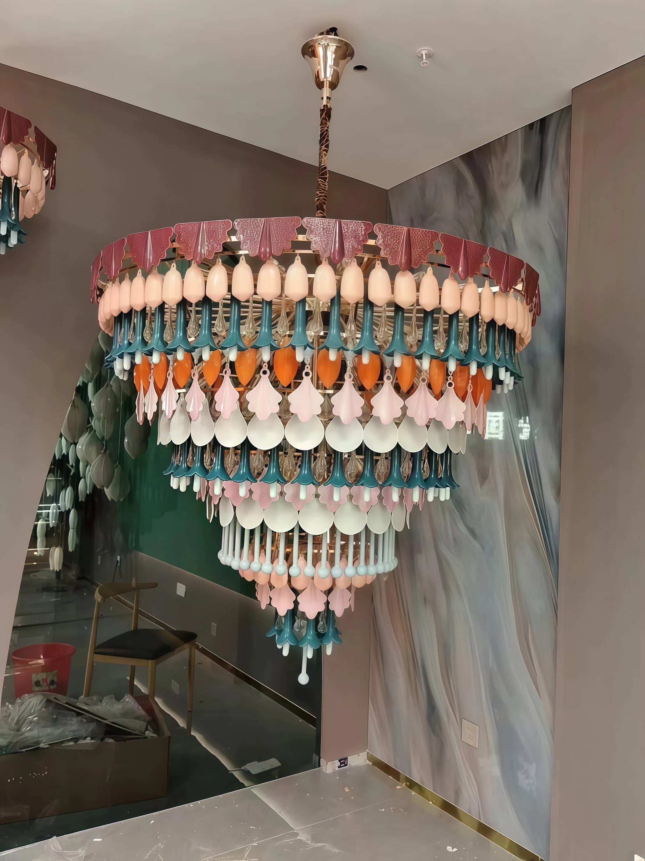 JYLIGHTING Modern Multi-Tier Pastel Ceramic & Gold Iron Chandelier, Statement Colorful Pendant Light for Living Room & Dining Space