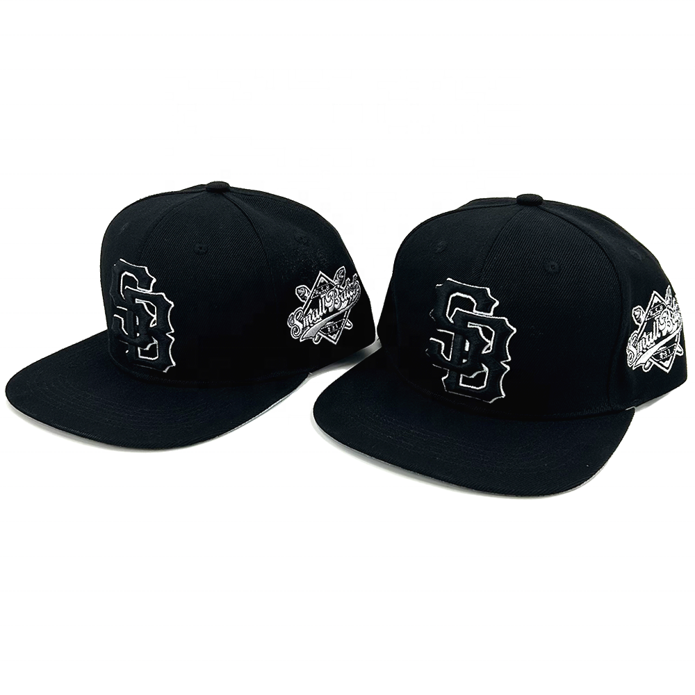 Custom 3D Embroidered 6 Panel Snapback Caps Flat Bill Brim Unstructured Adjustable