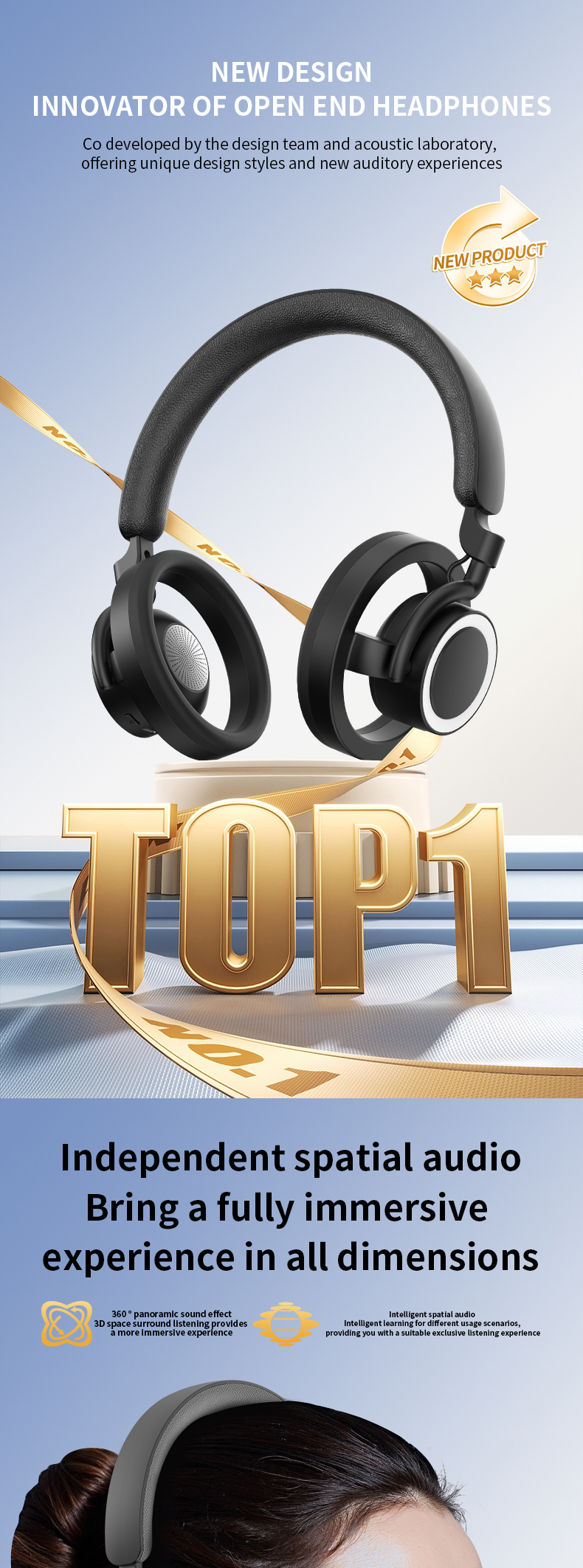 GR800 Open‑Top Open Ear Headphones, Directed Music Transmission Wireless Bluetooth Headset, 360° Surround Sound, Long Battery Life Over‑Ear Open Ear Stereo Headphones for Sports & Daily Use