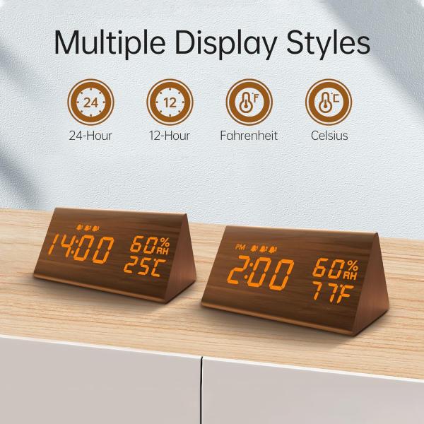 Environmental Brown 3 Alarm Settings Multifunctional Wooden Electronic Led Time Display Alarm Clock