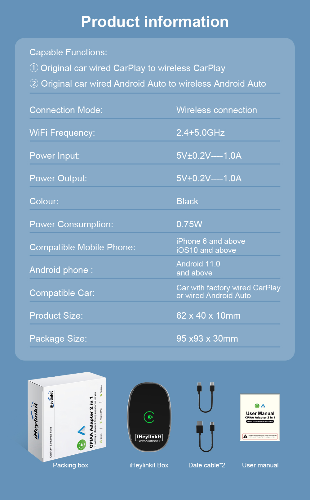 2-in-1 Portable CarPlay & Android Auto Dongle with Wired/Wireless Compatibility USB Plug and Play 1 Year Warranty