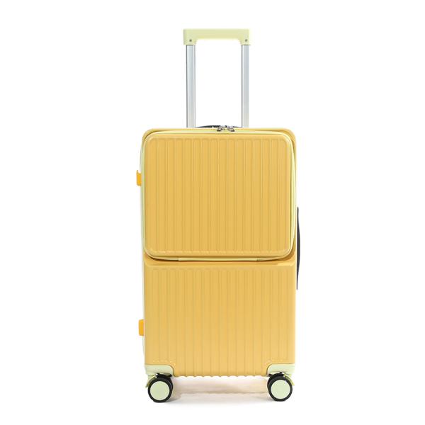Yellow color Multifunctional Front-Open Pocket Laptop Trolley Carry-On Size (Black, 20) | Luggage Supplier with Hidden Cup Holder PC suitcase hard shell luggage case