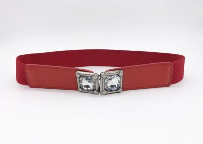 Red Color Women'S Elastic Stretch Belts With Square Crystal Rhinetone Buckle