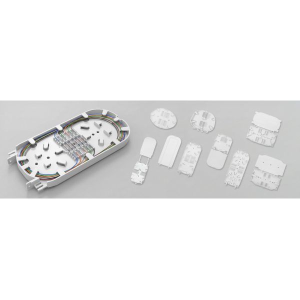 Fiber Optic Splice Tray with Stackable Hinged Options Heat-Shrink Splice Holder and Stable Bend Radius Control