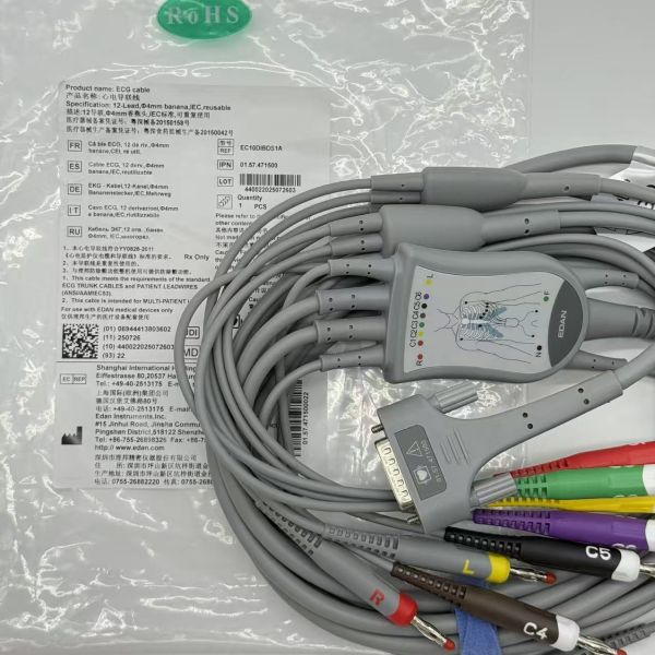 Edan SE-1515 DX12 EKG Cable with High Conductivity, Standard Banana Connector, and Durable TPU Medical-Grade Material