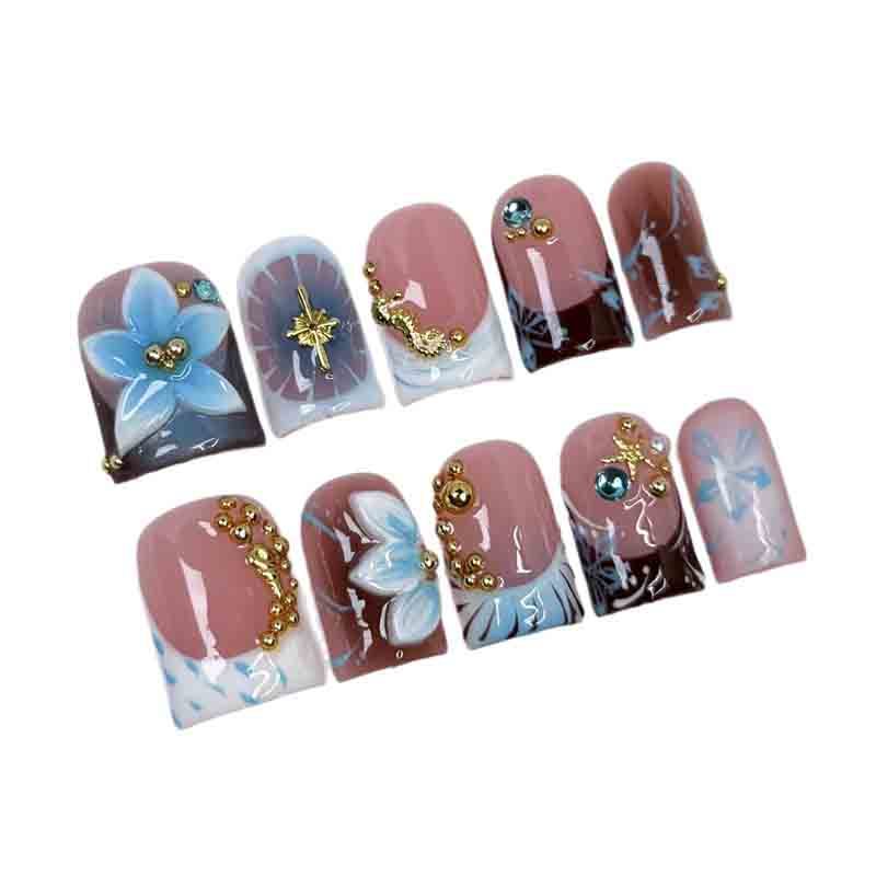Wholesale Medium Square Fake Nails Handmade Fake Nails Ocean 3D Floral Starfish Decor