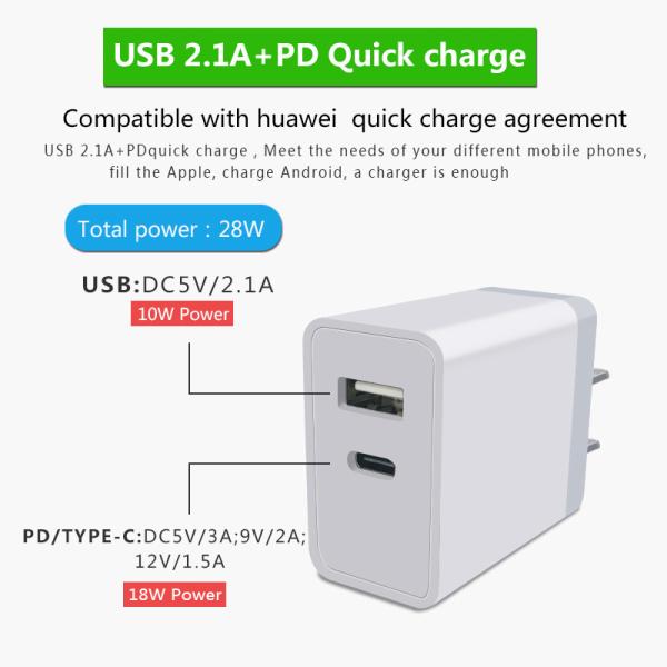 28W US PD TRAVEL CHARGER TYPE-C +USB FAST CHRGER for Macbook compatible with HUAWEI QUICK CHARGE QC3.0/QC2.0