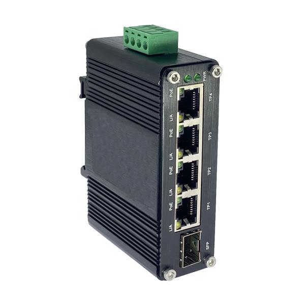 ミニ 4 ポート PoE + 1 ポート SFP インダストリアルイーサネットスイッチ、12～48VDC 電圧ブースター
