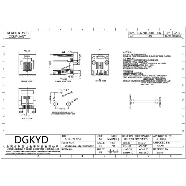 DGKYD52221162IWJ1DY7057 Прямоугольный зеленый PBT RJ12 однопортовый 2 пинный разъем