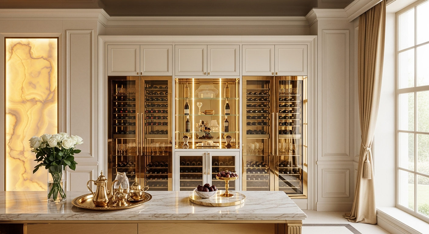Golden Mirage Wine Vault in 304 Stainless Steel with Honey Onyx Accents