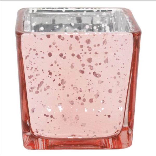 Speckled pink rose gold square tube shape Mercury Glass Votive Candle Holder