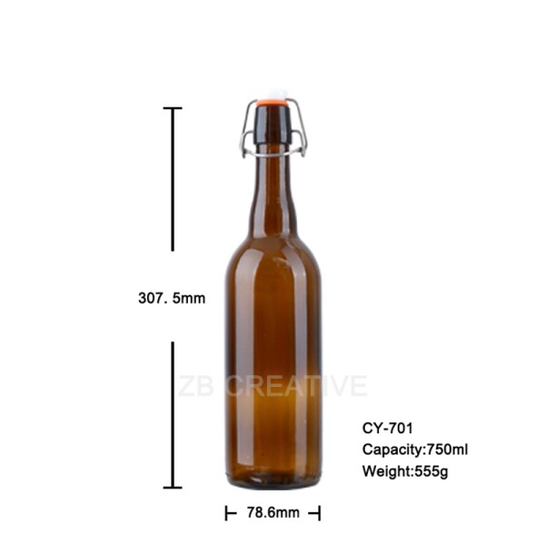 750ml Amber Glass Beer Bottles Swing Cap Container Packaging 535g CY-701