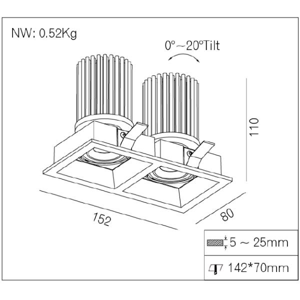 Vellnice Double Heads Adjustable 2*15W Square Recessed Lighting R3B0621