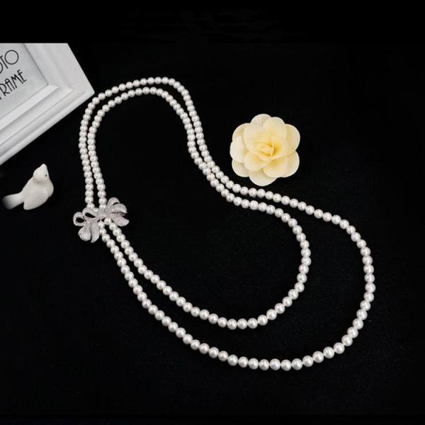 Women White Shell Pearl Double Strands Sweater Necklace with Cubic Zirconia Bow Charm (SN702143BOW)