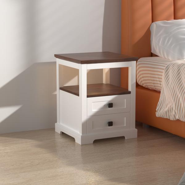 White Wooden Nightstand with Drawers in Bedroom