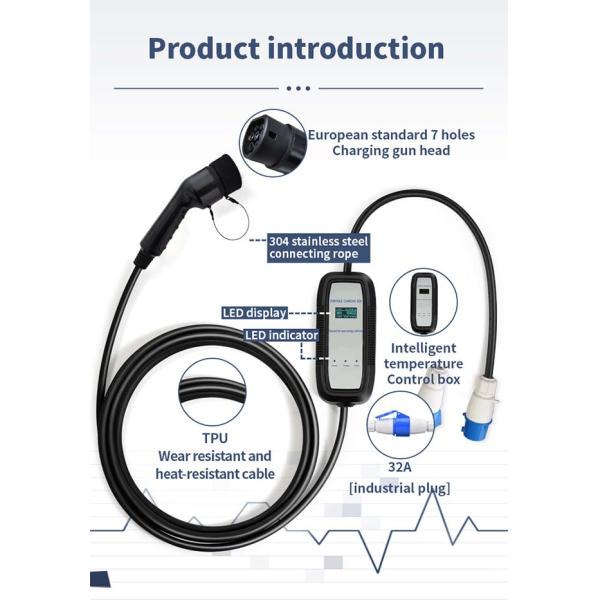 CCS2 Type 2 Outdoor Portable EV Charger 7KW 32A Flame Retardant