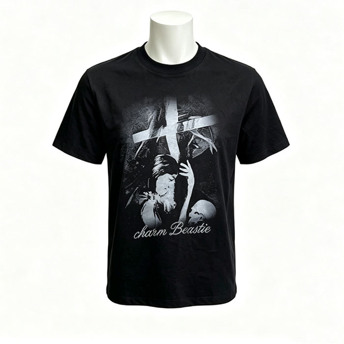 Cross Skull Vintage Print Black Tee, Heavy Cotton Loose Crew Neck Men’s Street Graphic T-Shirt