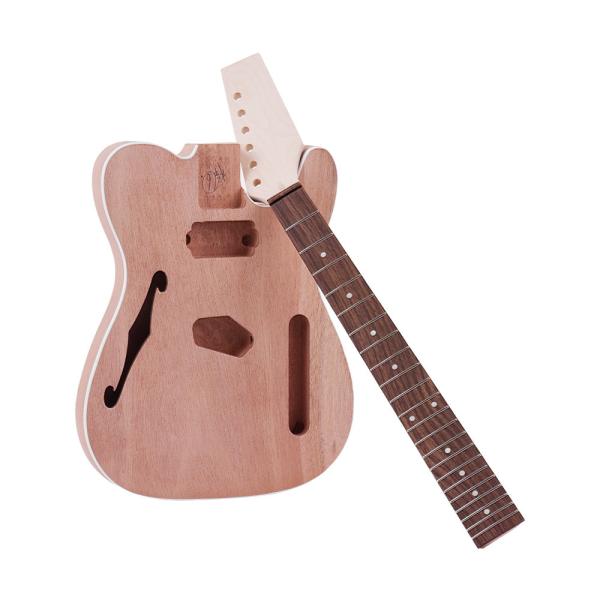 TL Tele Style Unfinished Electric Guitar DIY Kit Mahogany Body with F Soundhole Maple Wood Neck Rosewood Fingerboard