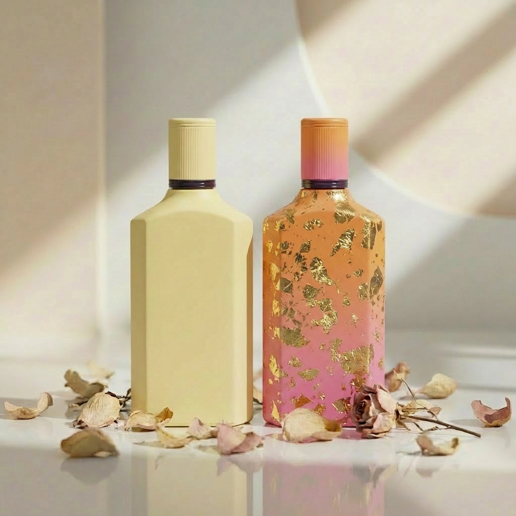 Empty Glass Perfume Bottles 100ml Flat Geometric Crimp Neck Ribbed Cap Spray