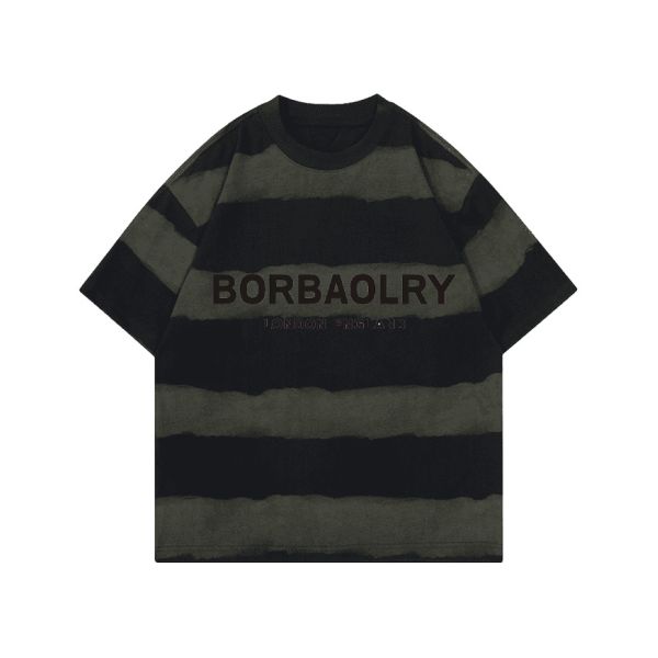 Wholesale 220g T-shirt Cotton Fashion Casual Loose Striped Top Tie-dye Craft Dropped Shoulders Round Neck Short Sleeve