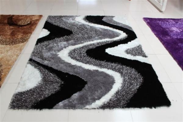 Wave Design Structured White Black and Grey Polyester mixed shaggy rug