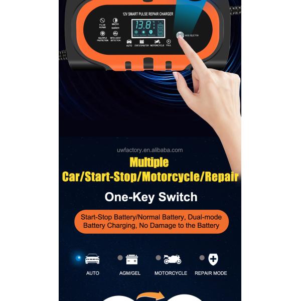 12V 10A Pulse Repair Smart Fast Charger Lead-Acid Battery Charger for Auto Motorcycle ABS Material Performance Charger