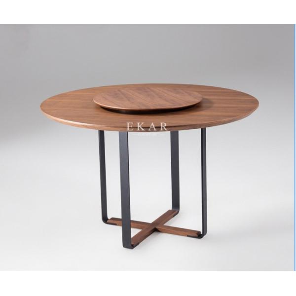 Wooden Walnut Metal Legs Round Dining Table With Rotating Centre