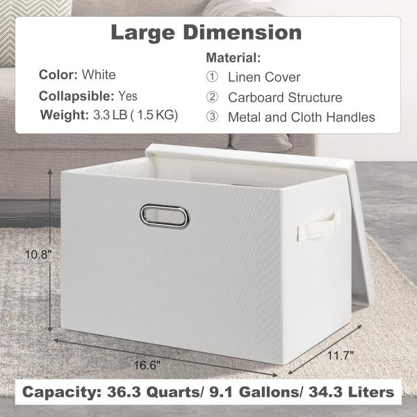 Linen Fabric, Metal Handles Collapsible Stackable Storage Bins With Lids, Packs White Linen Fabric Closet Boxes With Lids, Storage Cube Baskets Container Organizers For Bedroom Office
