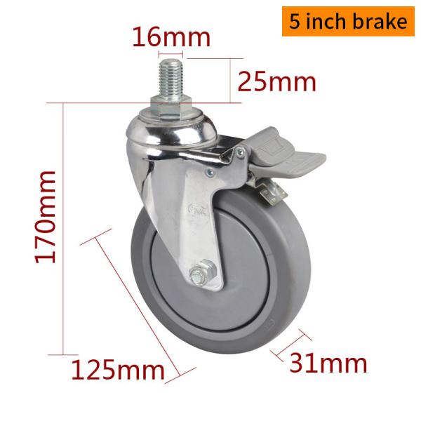 110kg Load Industrial Caster Wheels 125mm 5 Inch Threaded Caster Wheels
