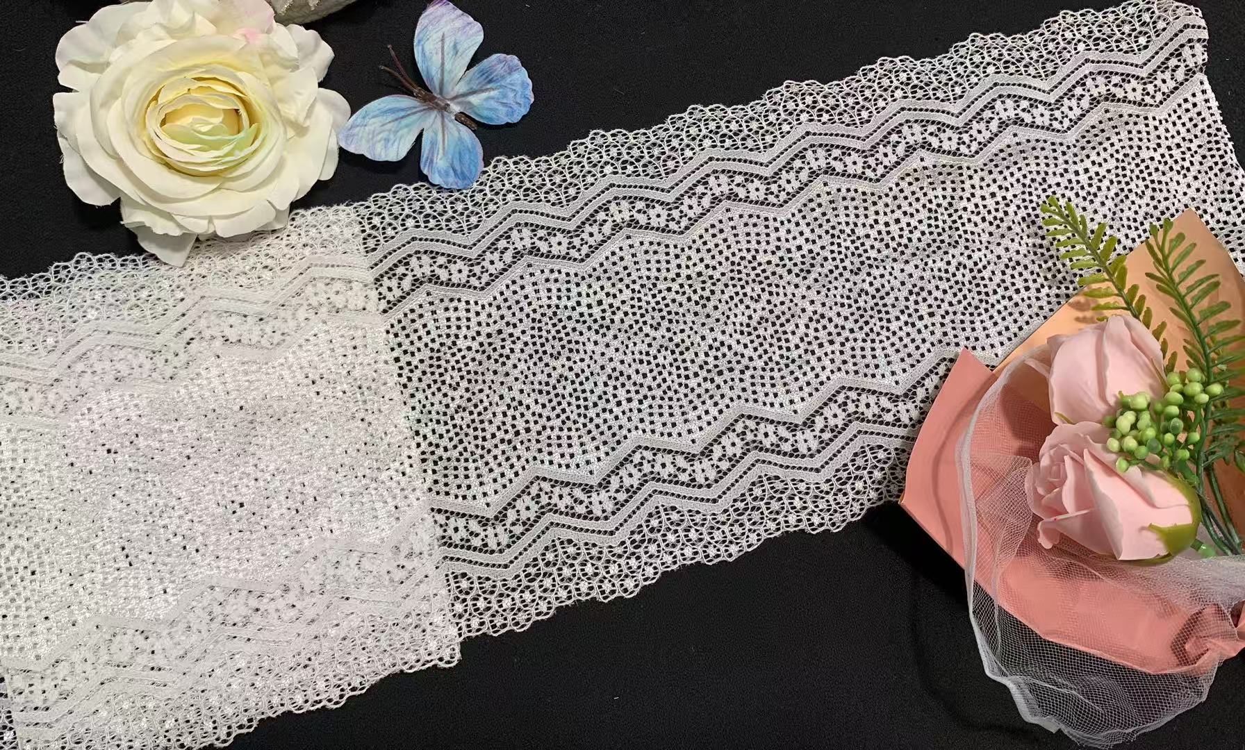 Premium French Lace Luxury Fancy Vintage Wave Jacquard Stretch Lace Trim White Elastic Lace Tape Breathable Mesh Lace Border DIY