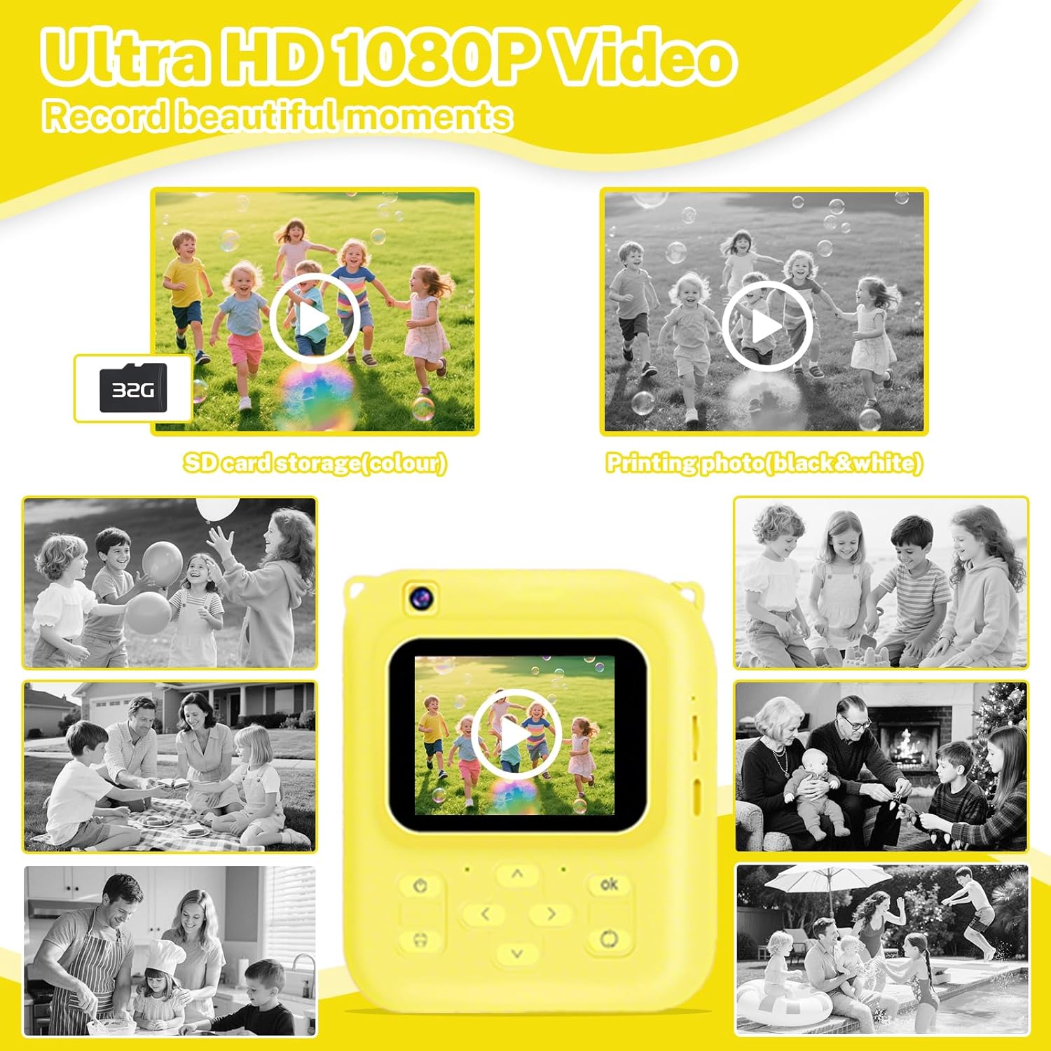 Instant Print Camera for Kids 1080P with Filter MicroSD Plastic Cute Cover Gift for Girls & Boys Age 3-12