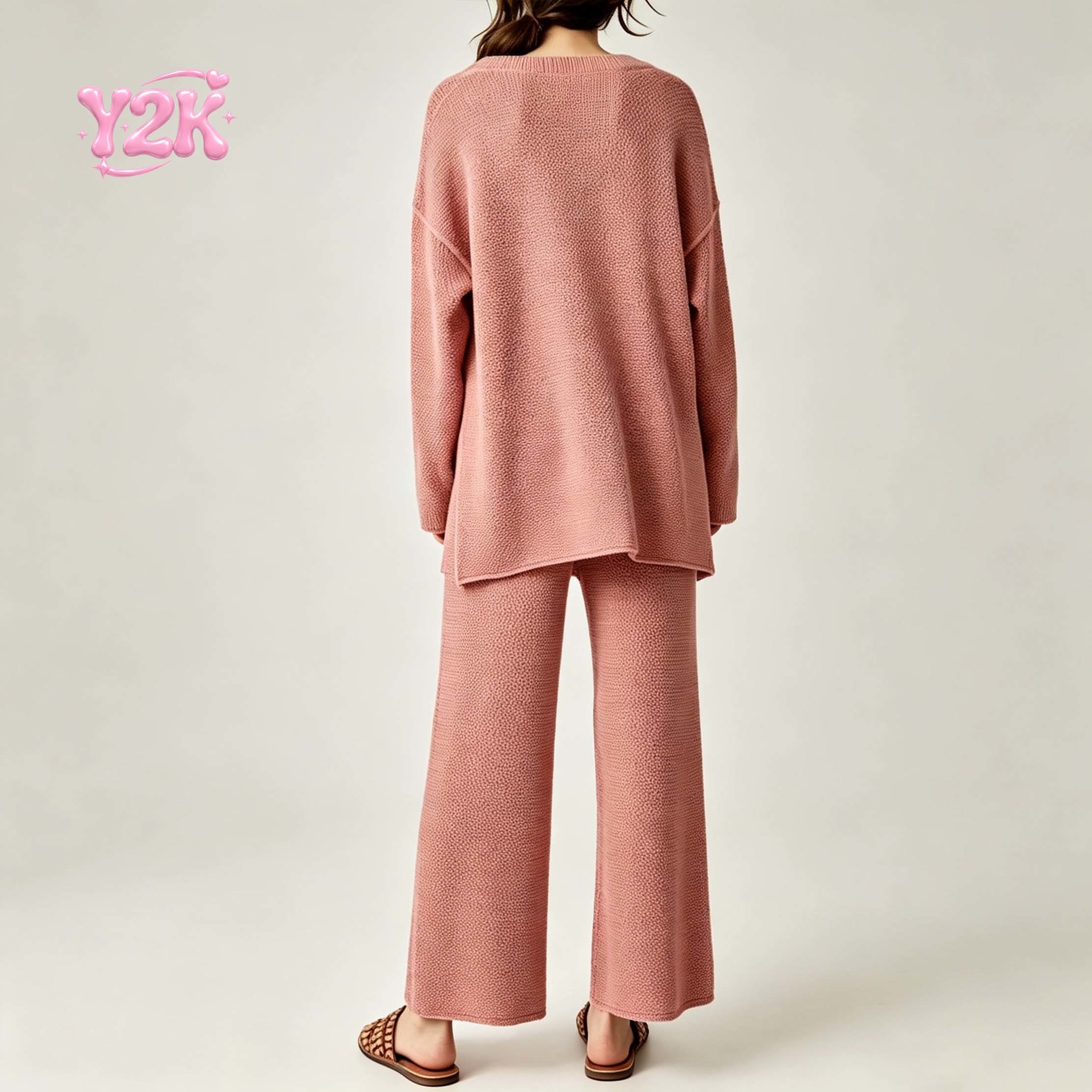 Custom Women's Waffle Henley Top Cropped Wide Leg Pants Set