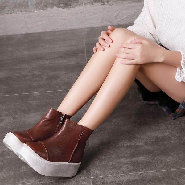 S040 Round toe retro leather women's boots fluffy flat wedge heel literary fan original handmade thick-soled women's