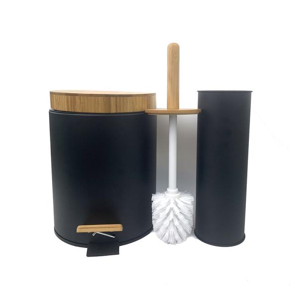 Black 5L Pedal Garbage Can Pedal Bin Toilet Brush Holder With Wooden Lid