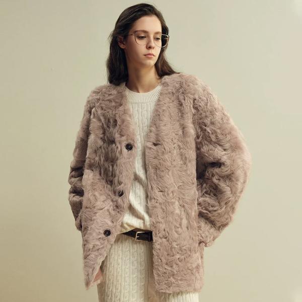 V-Neck Faux Persian Lamb Fur Coat